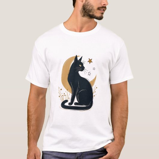 神秘的な黒猫と三日月 Tシャツ (正面)