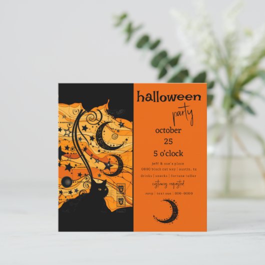 神秘的な黒猫と天のシンボルのハロウィーン 招待状 (スタンド正面)