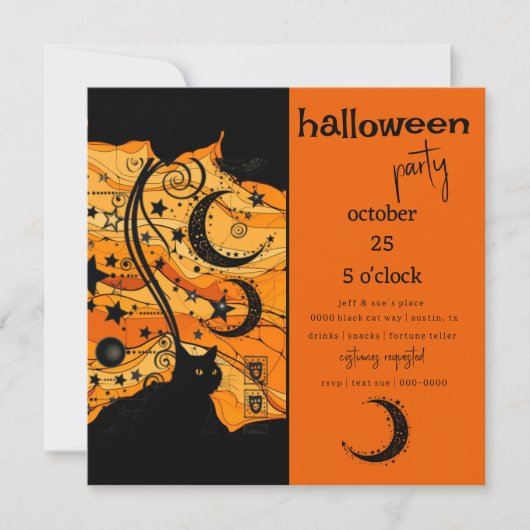 神秘的な黒猫と天のシンボルのハロウィーン 招待状 (正面)