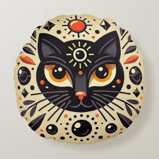 神秘的な黒猫と宇宙幾何学 ラウンドクッション (正面)