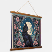 神秘的な黒猫と月&花模様 吊り下げ型タペストリー (傾斜あり)