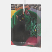 神秘的な黒猫と翡翠色のドラゴンの幻想画 ガラスオーナメント (正面左)