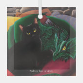 神秘的な黒猫と翡翠色のドラゴンの幻想画 ガラスオーナメント (正面)