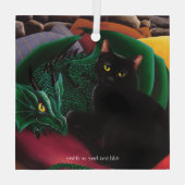 神秘的な黒猫と翡翠色のドラゴンの幻想画 ガラスオーナメント (裏面)