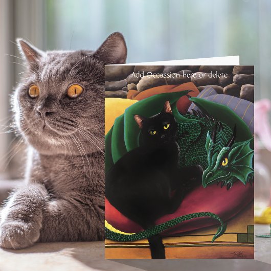 神秘的な黒猫と翡翠色のドラゴンの幻想 カード