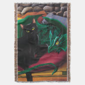 神秘的な黒猫と翡翠色のドラゴンの幻想 スローブランケット (正面縦)
