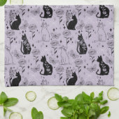 神秘的な黒猫と蝶のパターン | ウィッチー キッチンタオル (折り畳み)