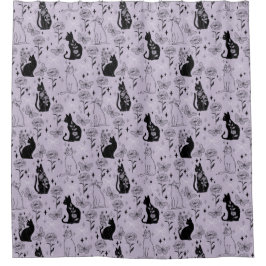 神秘的な黒猫と蝶のパターン | ウィッチー シャワーカーテン