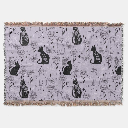 神秘的な黒猫と蝶のパターン | ウィッチー スローブランケット (正面)