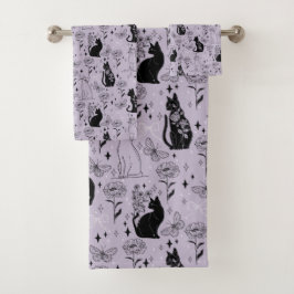 神秘的な黒猫と蝶のパターン | ウィッチー バスタオルセット