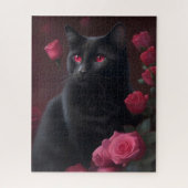 神秘的な黒猫と開花バラ ジグソーパズル (縦)