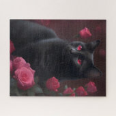 神秘的な黒猫と開花バラ ジグソーパズル (横)