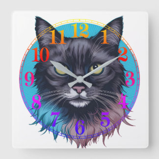 神秘的な黒猫の壁掛け時計、カラフルな猫のアート、T スクエア壁時計