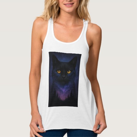 神秘的な黒猫の星空の夜の森 タンクトップ (正面)