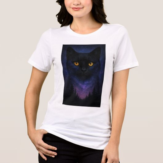 神秘的な黒猫の星空の夜の森 トライブレンドTシャツ (正面)