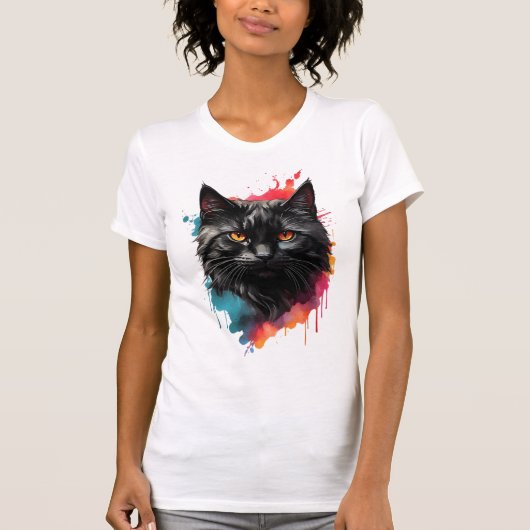 神秘的な黒猫の水の色スプラッシュアート Tシャツ (正面)
