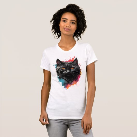 神秘的な黒猫の水の色スプラッシュアート Tシャツ (正面フル)