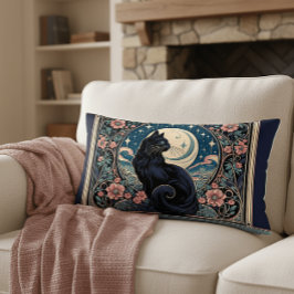 神秘的な黒猫アールヌーボー ランバークッション