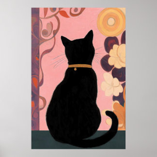 神秘的な黒猫オンピンク抽象芸術背景 ポスター