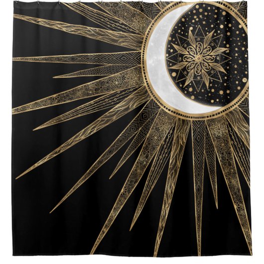 神秘的な黒金ゴールドサンムーンマンダラ シャワーカーテン (正面)