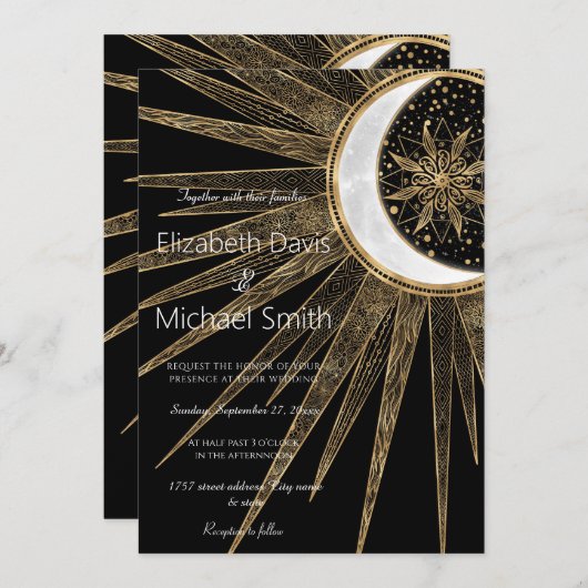 神秘的な黒金ゴールドサンムーンマンダラ 招待状 (正面/裏面)
