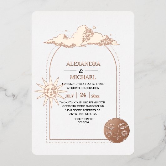 神秘的な黒金ゴールド天結婚星のホイルI 箔招待状 (正面)