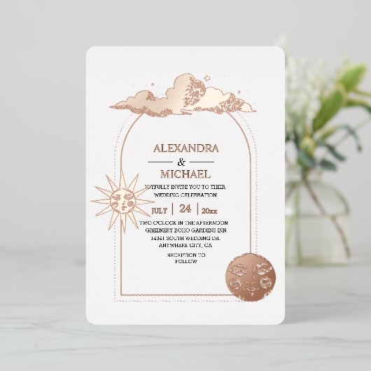 神秘的な黒金ゴールド天結婚星のホイルI 箔招待状 (立ち正面)