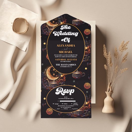 神秘的な黒金ゴールド天結婚星 オールインワン招待状