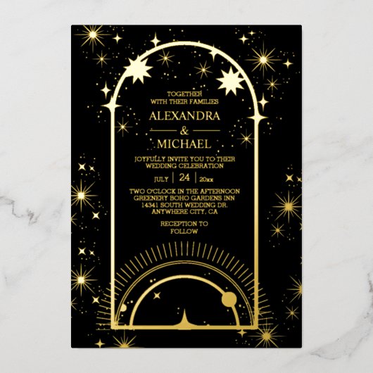 神秘的な黒金ゴールド天結婚星 箔招待状 (正面)