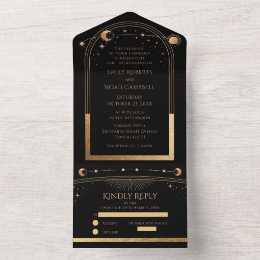 神秘的な黒金ゴールド太陽ムーンシレ結婚ンズ オールインワン招待状 (内側)