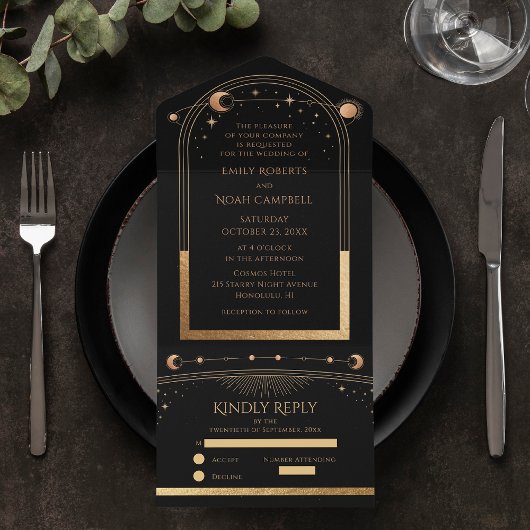 神秘的な黒金ゴールド太陽ムーンシレ結婚ンズ オールインワン招待状