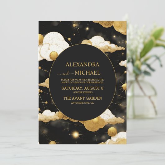 神秘的な黒金ゴールド太陽ムーンシレ結婚ンズ 招待状 (スタンド正面)