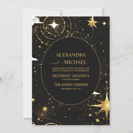 神秘的な黒金ゴールド太陽ムーンシレ結婚ンズ 招待状 (正面)