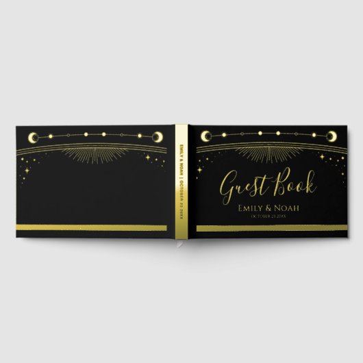 神秘的な黒金ゴールド太陽ムーンスターズ結婚ズ ゲストブック (全面)