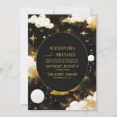神秘的な黒金ゴールド太陽ムーンスターズ結婚ズ 招待状 (正面)