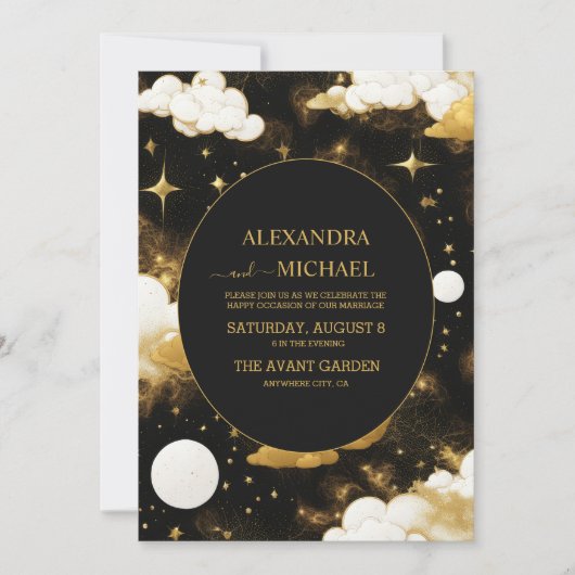 神秘的な黒金ゴールド太陽ムーンスターズ結婚ズ 招待状 (正面)