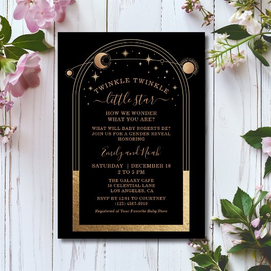 神秘的な黒金ゴールド太陽ムーンスターベビーシャワー 招待状