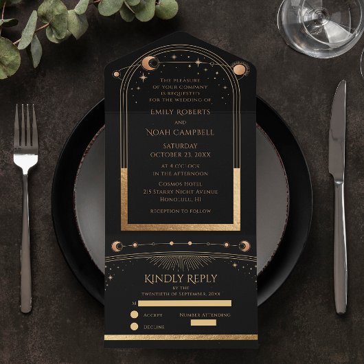 神秘的な黒金ゴールド太陽ムーン天文学結婚の オールインワン招待状