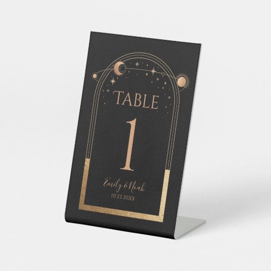 神秘的な黒金ゴールド太陽結婚月のテーブル番号 台座サイン (正面)