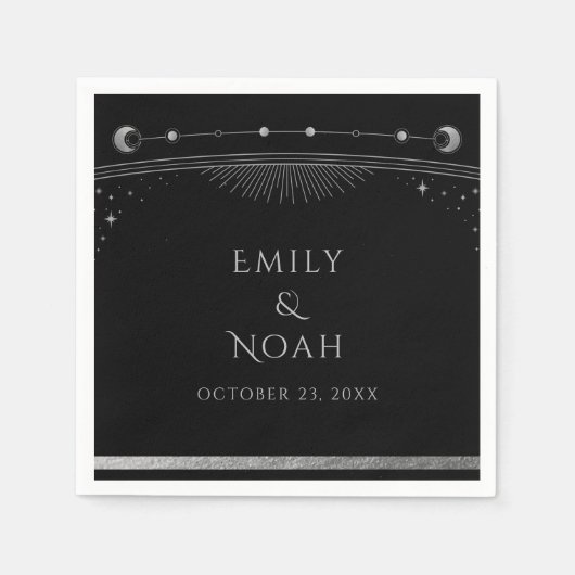 神秘的な黒銀の太陽の月の結婚星 スタンダードカクテルナプキン (正面)