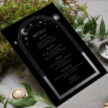 神秘的な黒銀の太陽の月の結婚星 メニュー<br><div class="desc">神秘的な黒銀太陽ムーンスターズ天文学銀河系天球宇宙宇宙のメニューカード結婚は、銀の書道台本の中央にあなたのメニュー詳細を持つ黒い背景に銀の太陽、月、星のフレームを備えモダンる。提供されている文字・ボックスで文字を編集してパーソナライズ。©2022 Evco Studioによる設計(www.zazzle.com/store/evcostudio)</div>