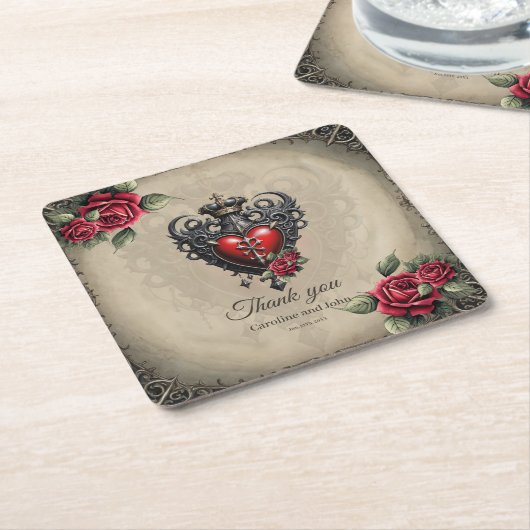 神秘的エレガントなゴシック様式ハート スクエアペーパーコースター (アングル)