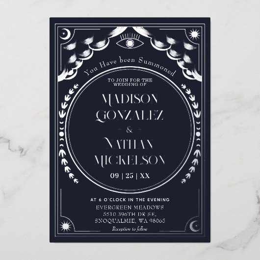 神秘的エレガントなシルバーネイビータロットゴシック結婚ズ 箔招待状 (正面)