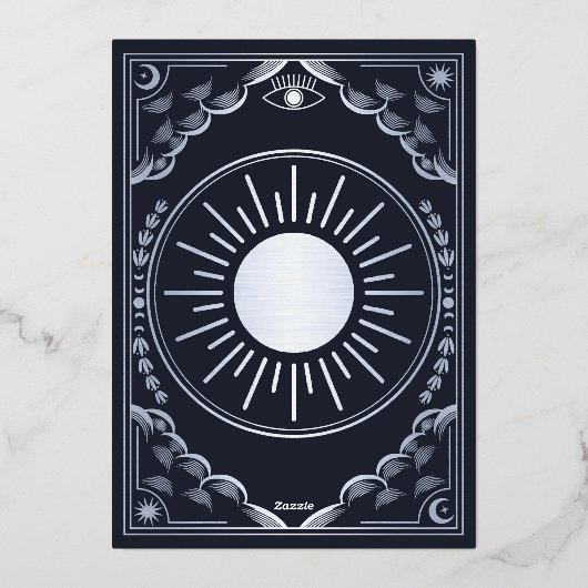 神秘的エレガントなシルバーネイビータロットゴシック結婚ズ 箔招待状 (裏面)