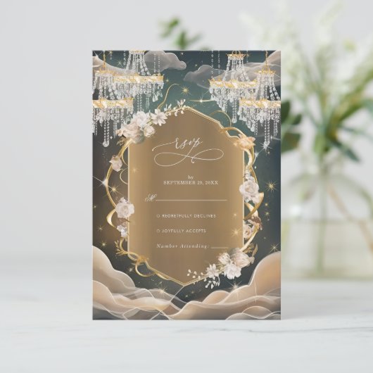 神秘的エレガントな化膿性の結晶とフローラ結婚の 出欠カード (スタンド正面)