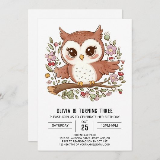 神秘的デジかわいらしタルフクロウ誕生日 招待状 (正面/裏面)