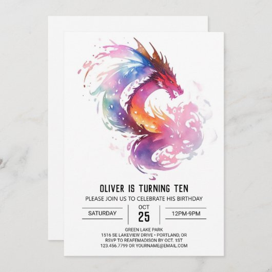 神秘的ドラゴンプリント可能誕生日 招待状 (正面/裏面)