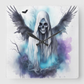 神秘的ハロウィーン幽霊ゴシック水彩画 スクエア壁時計 (正面)