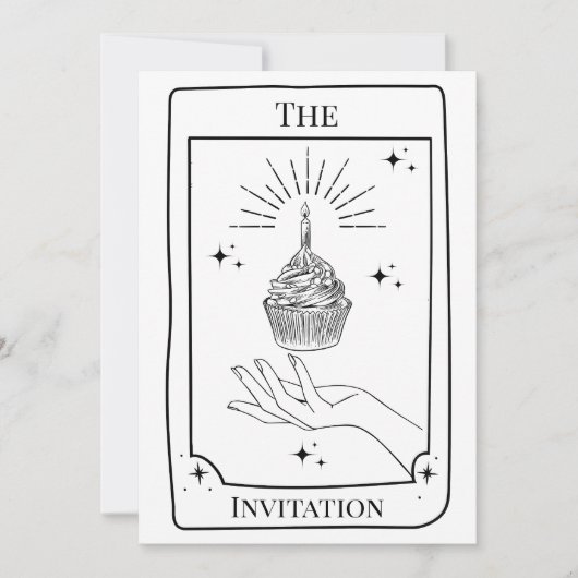 神秘的パーソナライズされた白黒タロットカード 招待状 (正面)