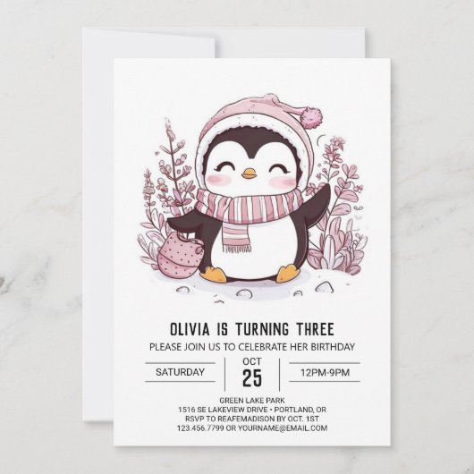 神秘的ペお洒落ンギンデジタル誕生日 招待状 (正面)